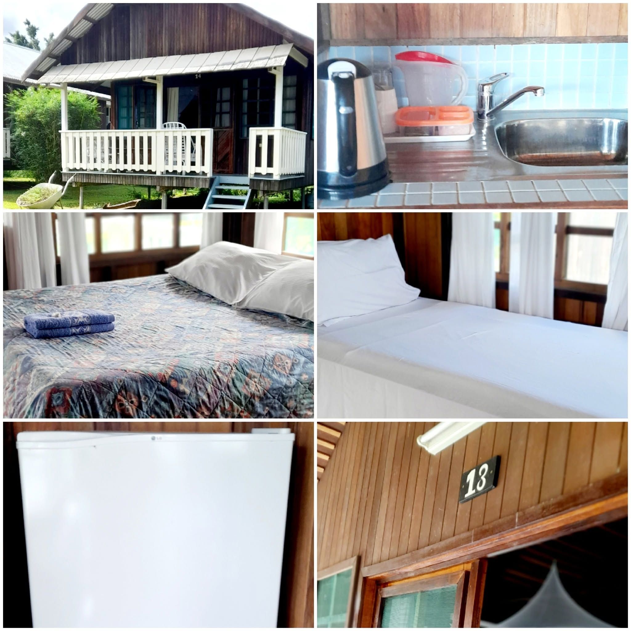 Grid view of bungalow exterior, kitchen amenities, and bedroom interior.