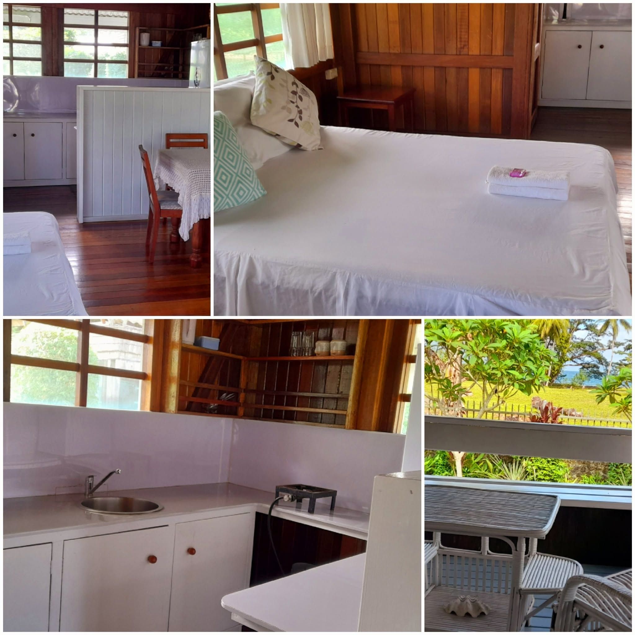 Collage of guest room interior, kitchenette area, and private balcony seating.