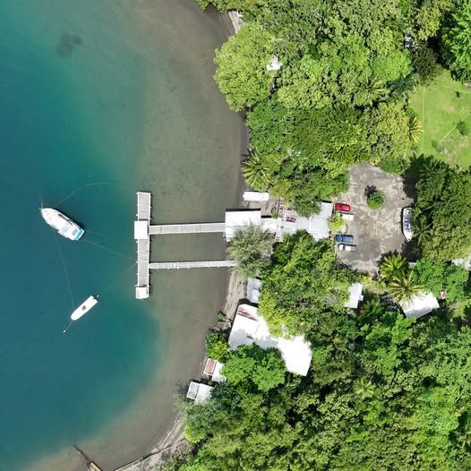 Aerial view of the resort pier and beachfront surrounded by tropical forest