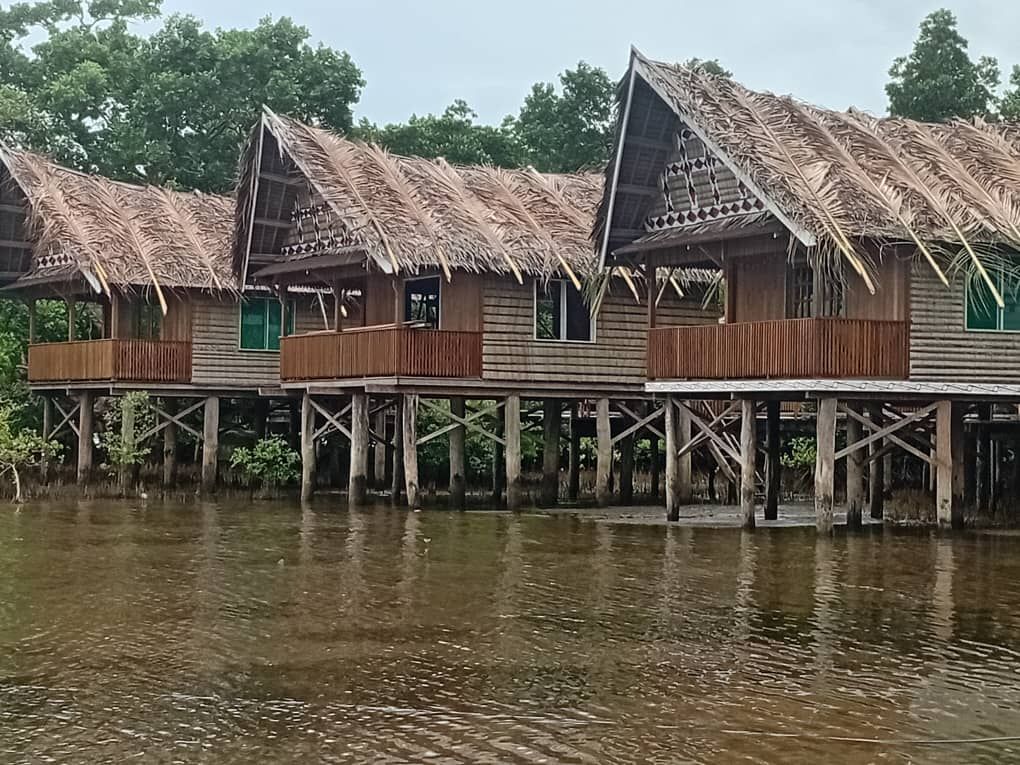 Overwater bungalows with thatched roofs seen from the water level.