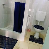 Bathroom area with a toilet, shower stall, and patterned floor mats.