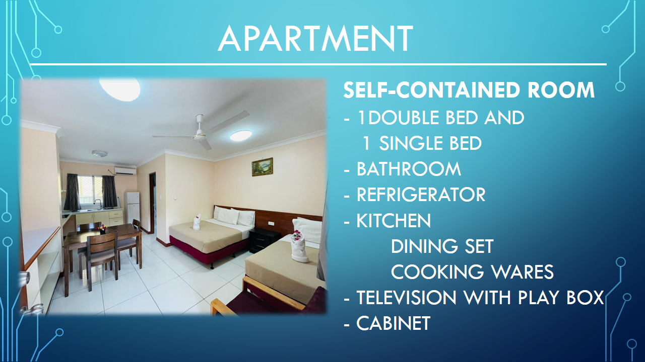 Self-contained room featuring a double bed, single bed, and integrated kitchen area.