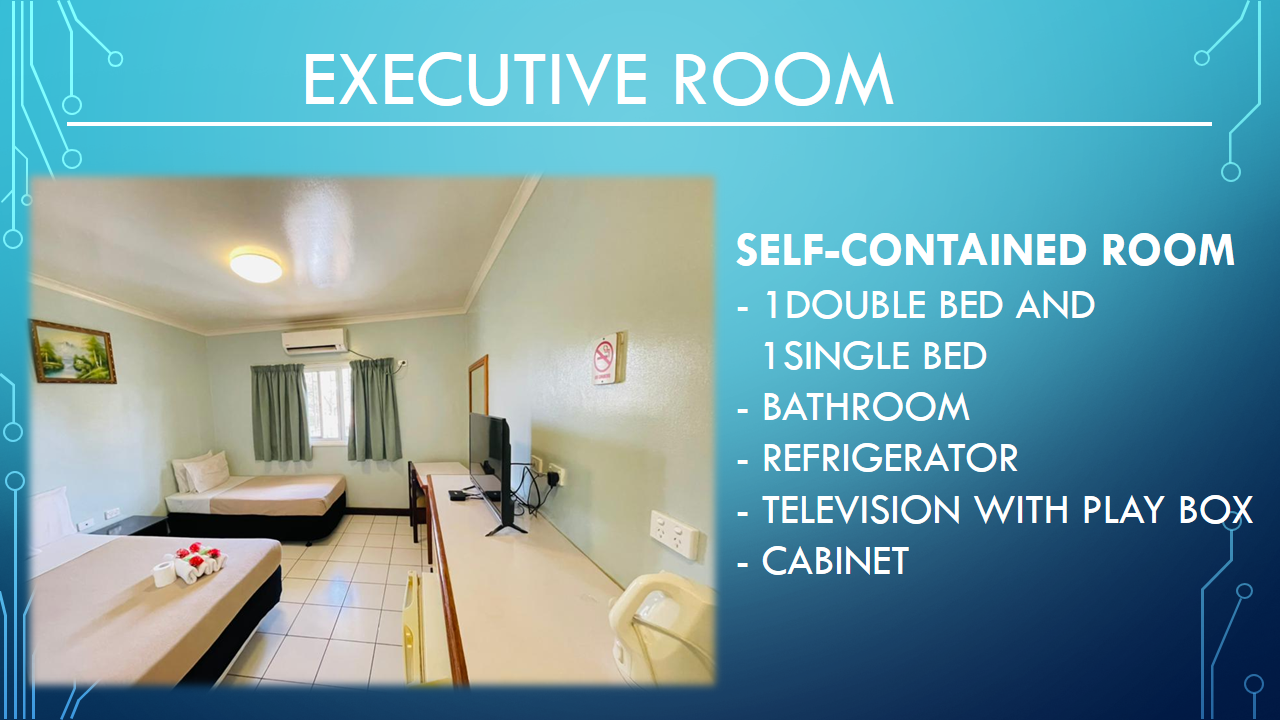 Executive room containing a double bed, single bed, and wall-mounted television.
