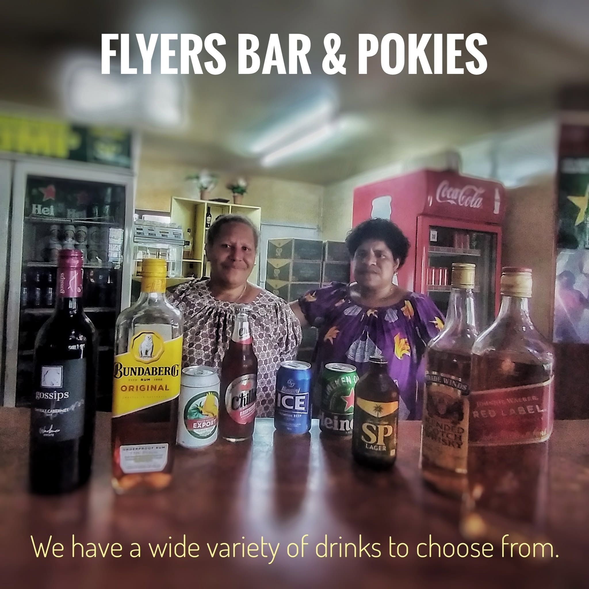 Staff members behind a bar with various alcoholic beverages and text overlay.