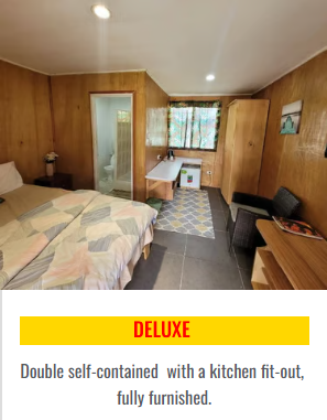 Deluxe room featuring wood-paneled walls, double bed, and kitchenette.