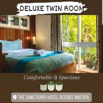 Spacious Deluxe Twin Room with garden views and wood paneling.