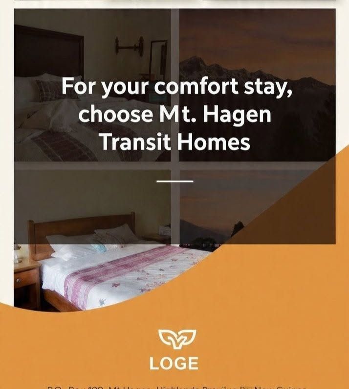 Marketing graphic containing room photos and property logo.