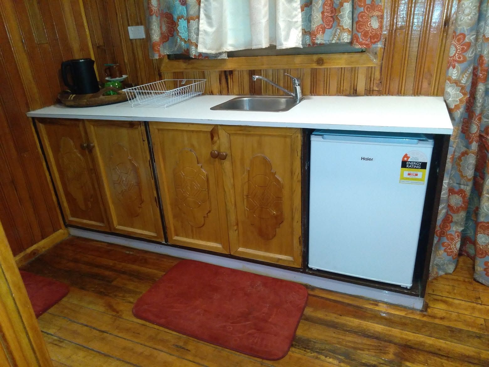 Kitchenette with wooden cabinets and a mini refrigerator.