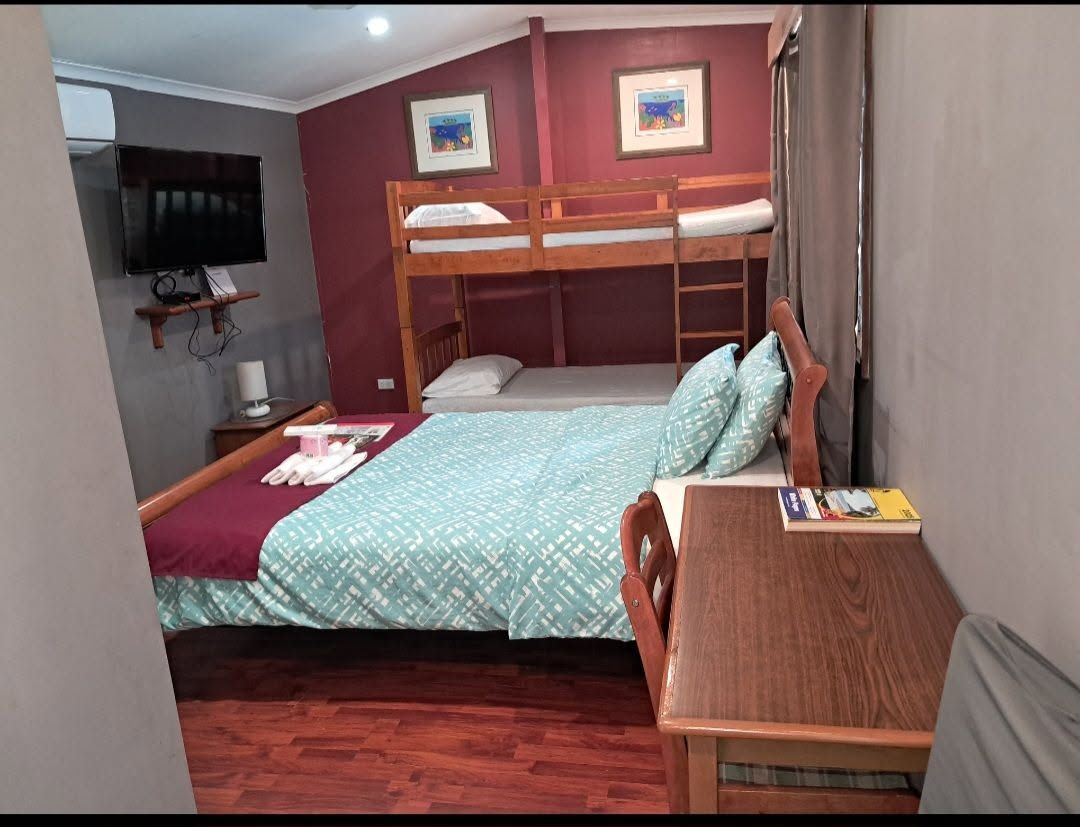 Guest bedroom featuring a queen bed and wooden bunk beds for families.