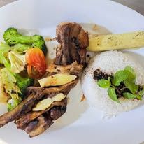 Plated meal consisting of grilled meat, white rice, and fresh vegetables.