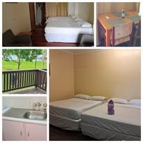 Collage showing bedroom, dining table, balcony and kitchenette sink.
