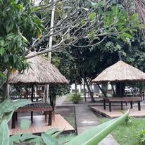 Outdoor thatched-roof sitting areas on a tiled base in the garden.