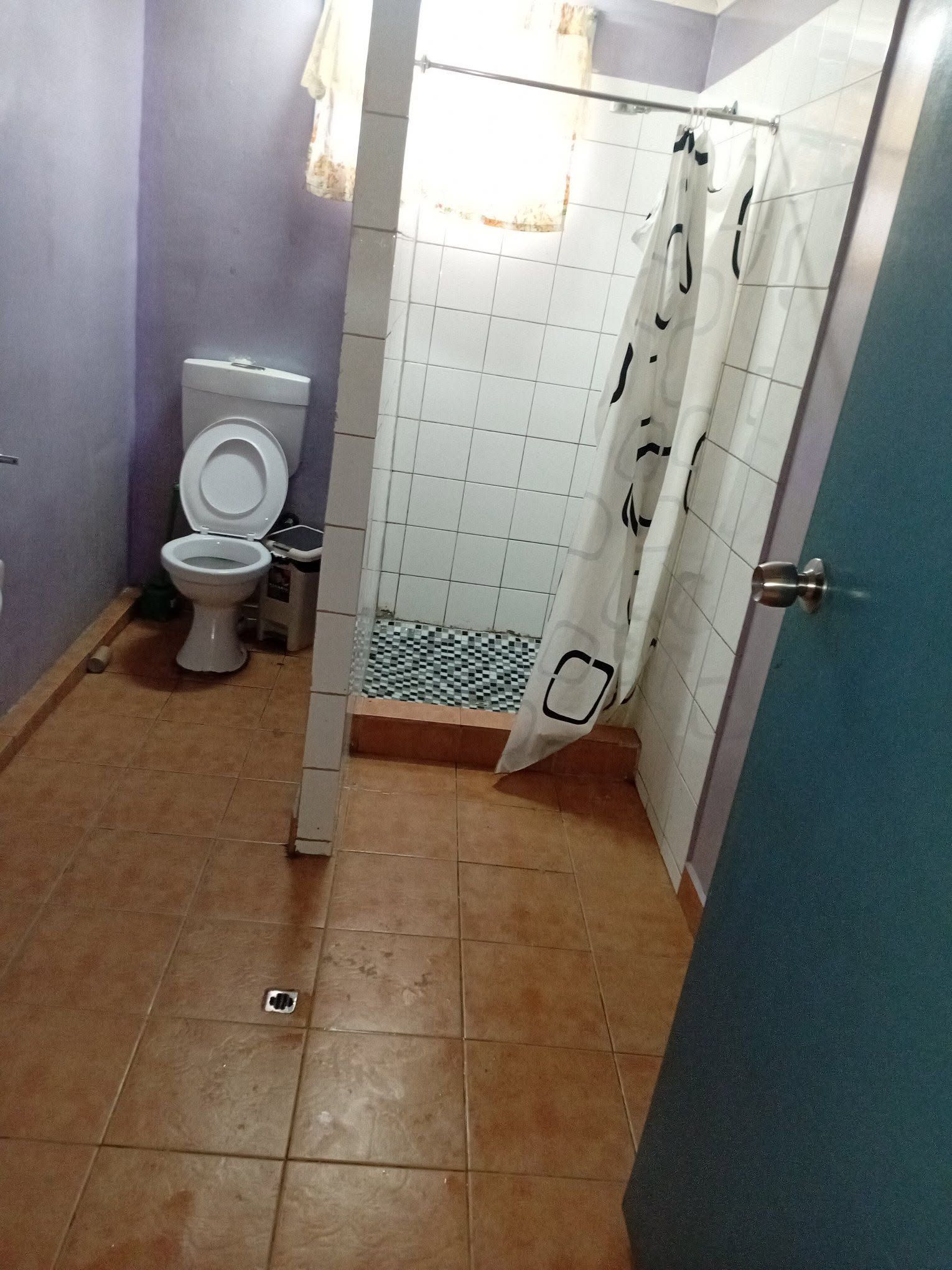 A tiled bathroom featuring a toilet and a walk-in shower with a patterned curtain.