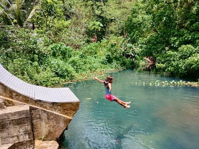 Swimming and jumping at a freshwater river pool on the property.