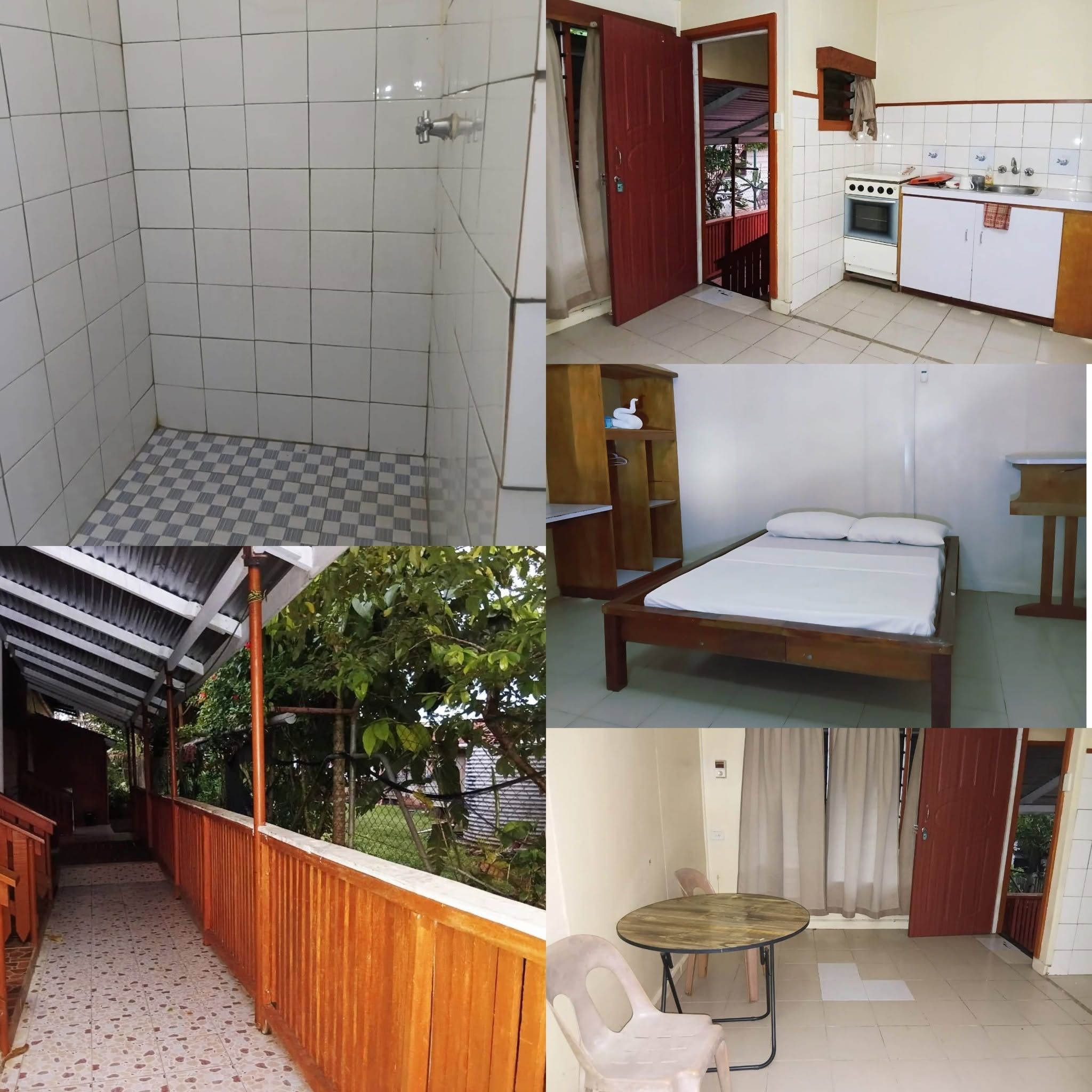 Photo collage showing bathroom, kitchen, bedroom, and balcony