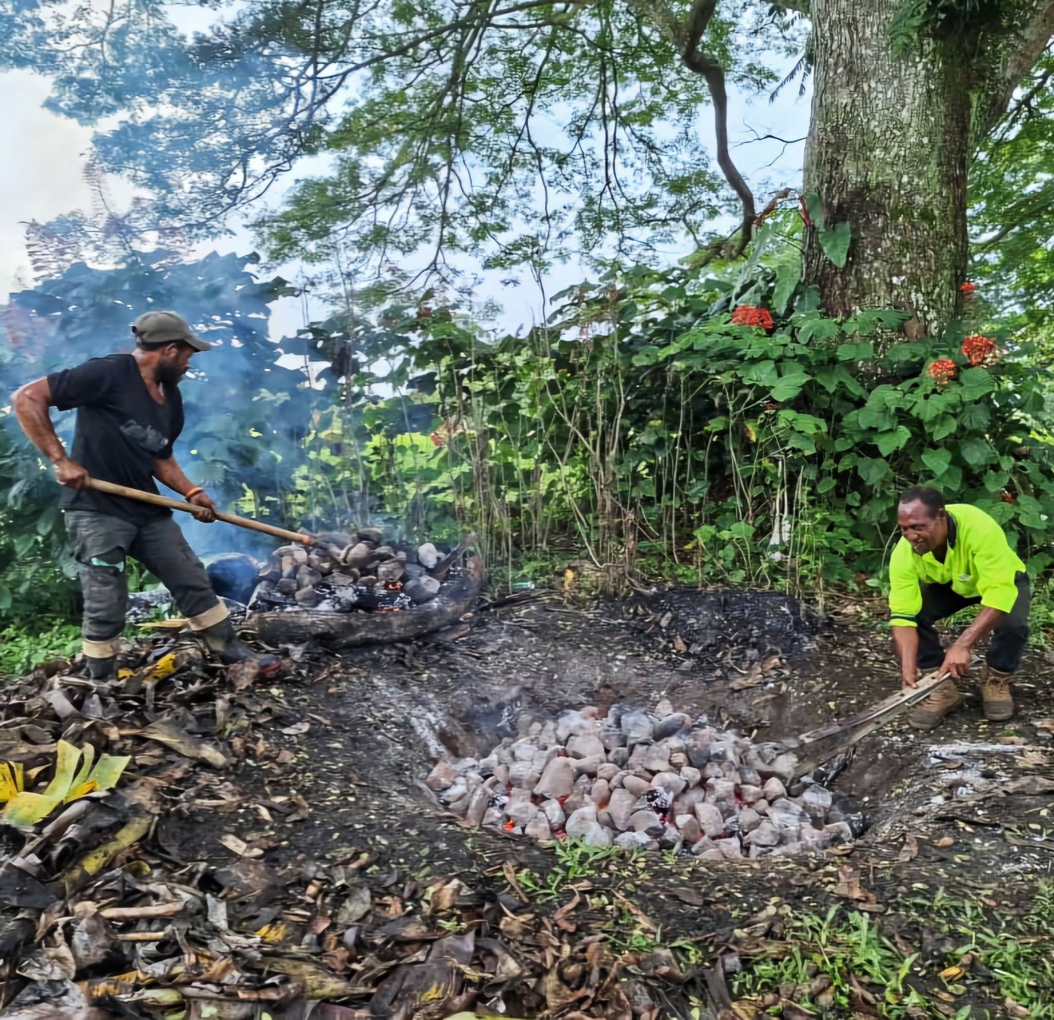 Staff preparing an earth oven for a traditional feast on site.