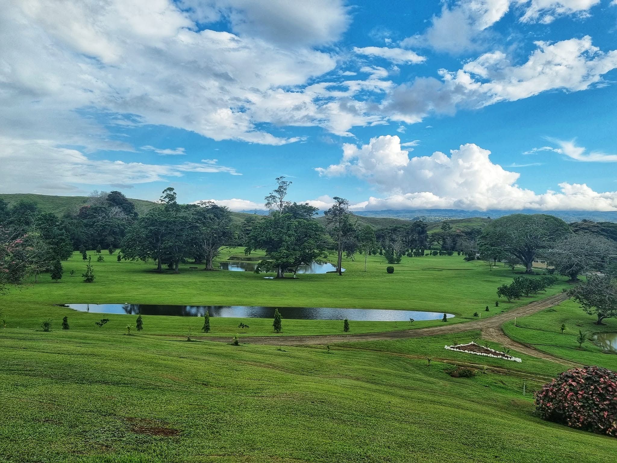 Scenic landscape view of the ponds and green fairways of the property.
