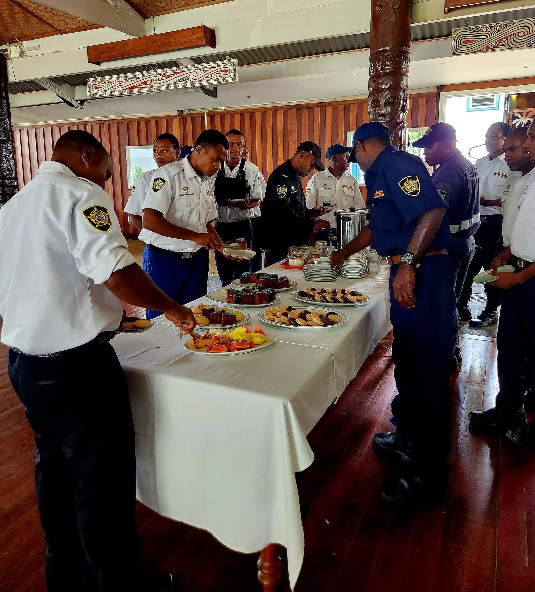 A catered buffet breakfast set up inside the facility for a group.