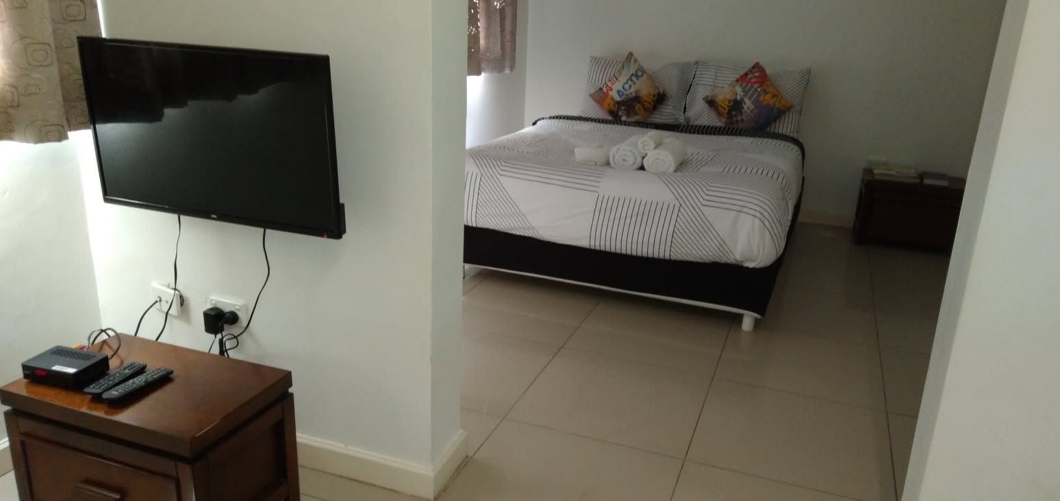 Studio apartment view showing a wall-mounted television and double bed.