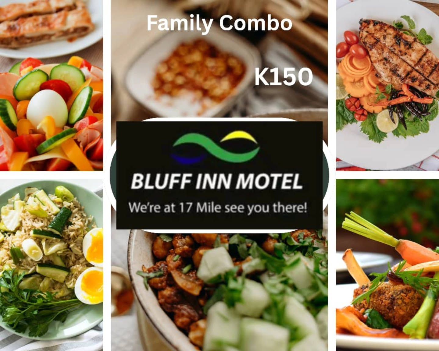 Selection of food dishes with pricing and location text.