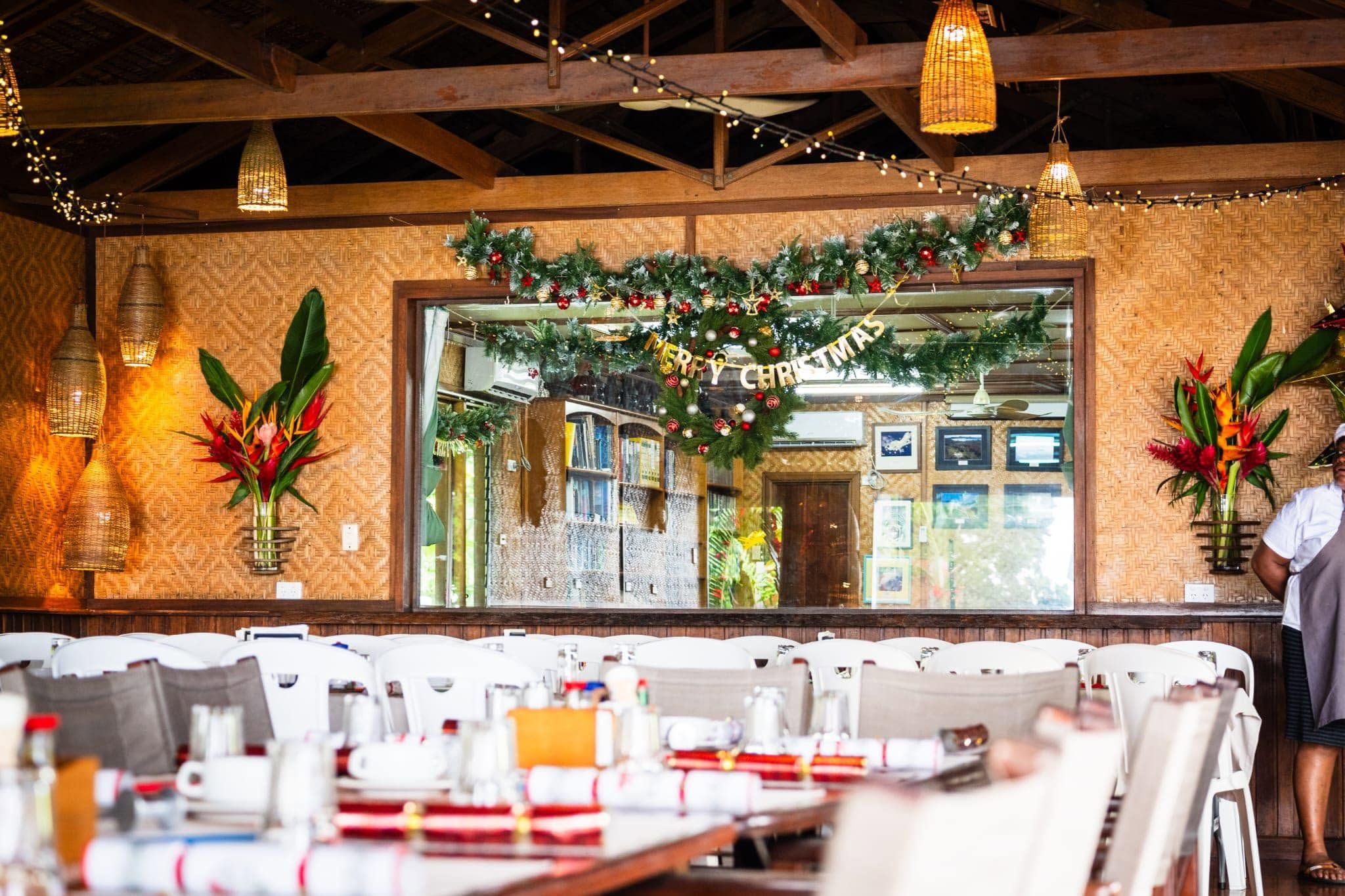 Interior view of the dining area decorated for the Christmas season.