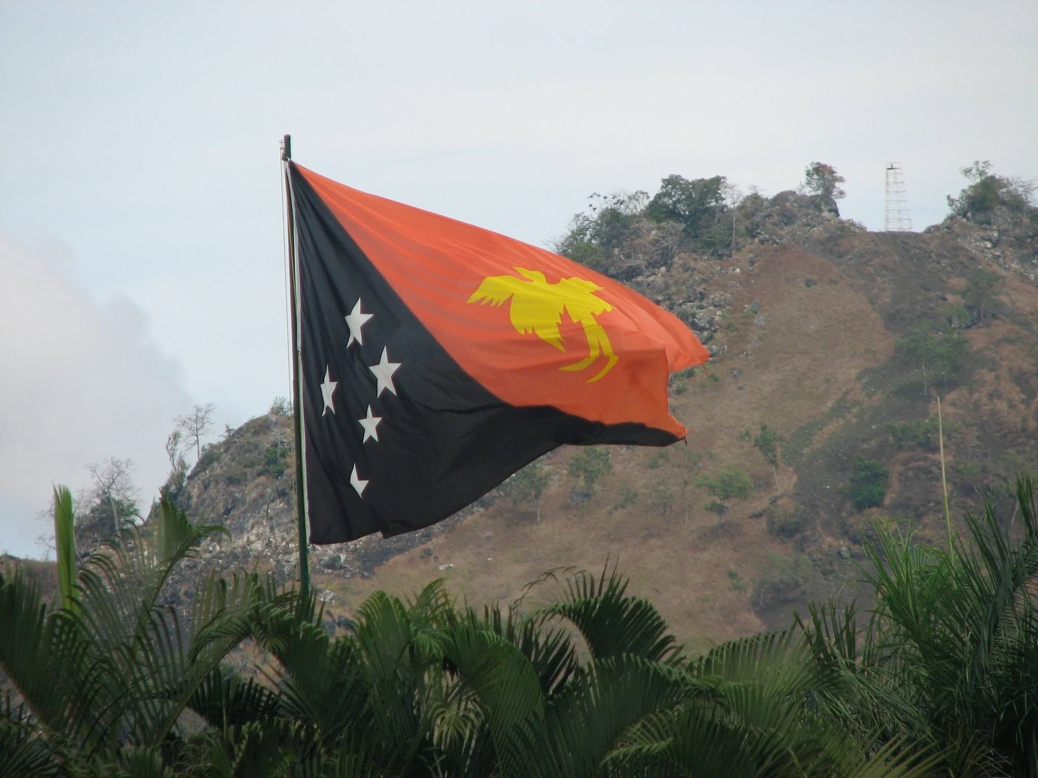 The Papua New Guinea national flag flying against a scenic hillside backdrop.