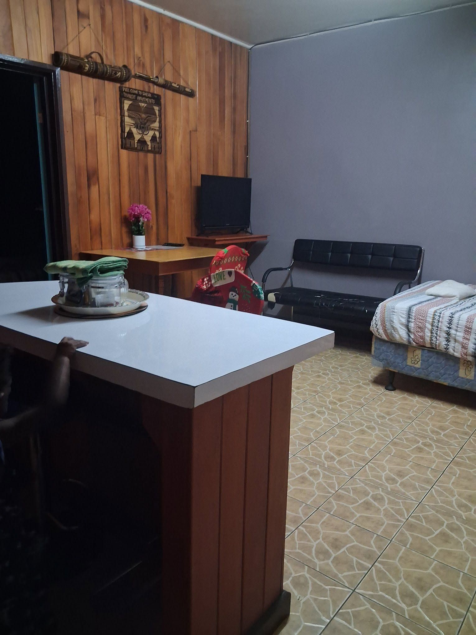 Open-plan studio apartment with kitchen island and seating area.