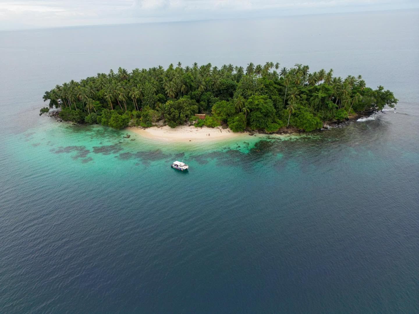 Aerial perspective of a lush green island in clear blue water