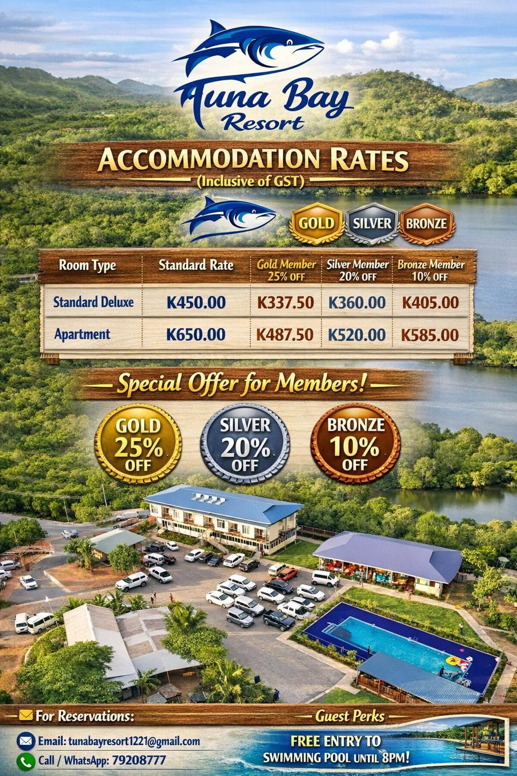 Aerial view of the resort grounds, parking, and swimming pool