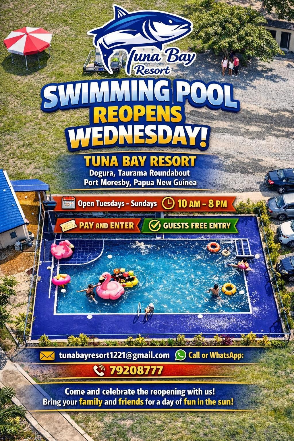 Outdoor swimming pool with colorful inflatables