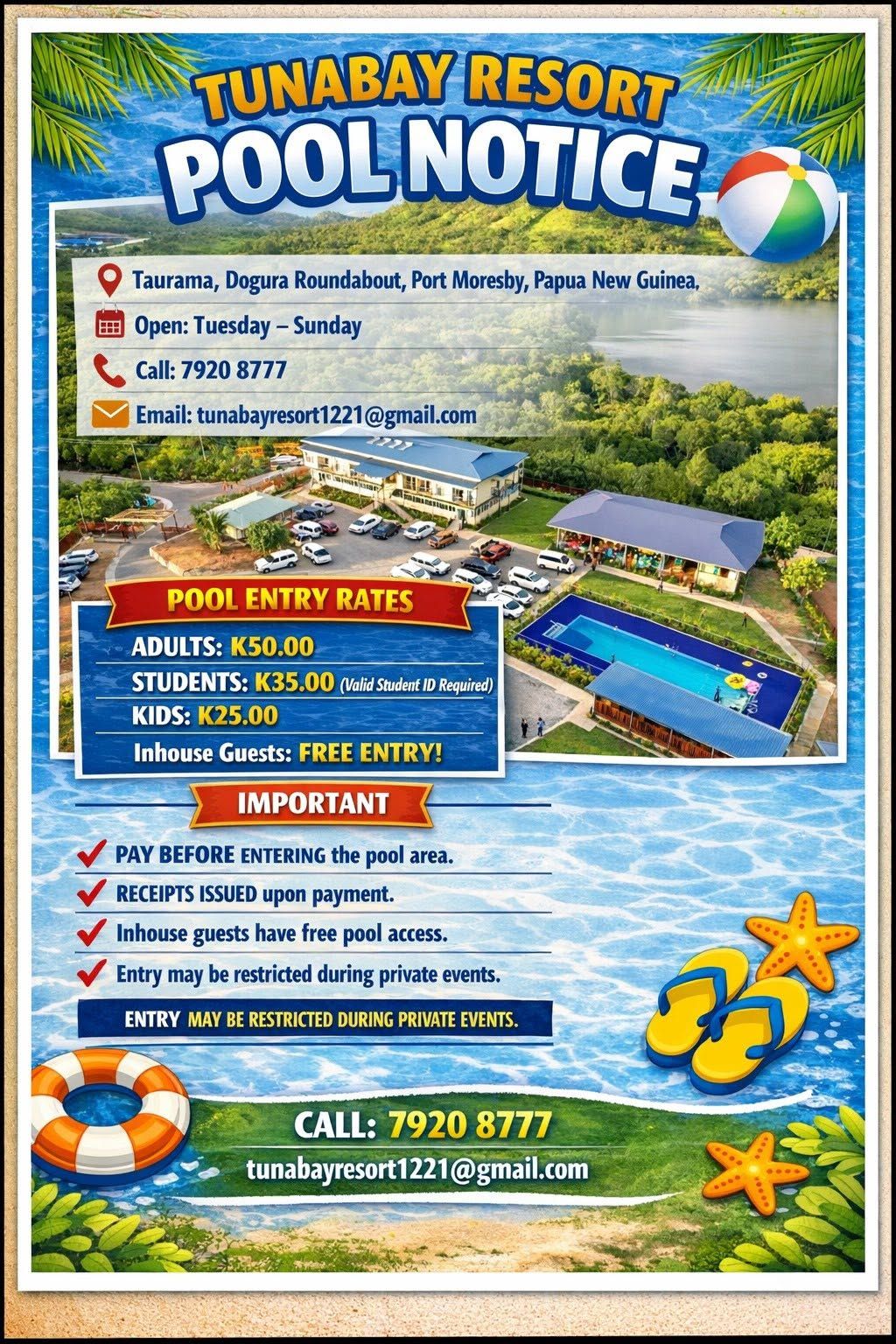 Elevated view of the blue swimming pool and surrounding facility