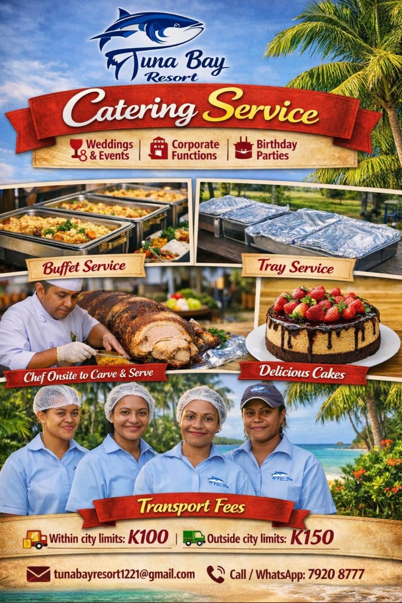 Catering services including buffet options and celebratory cakes