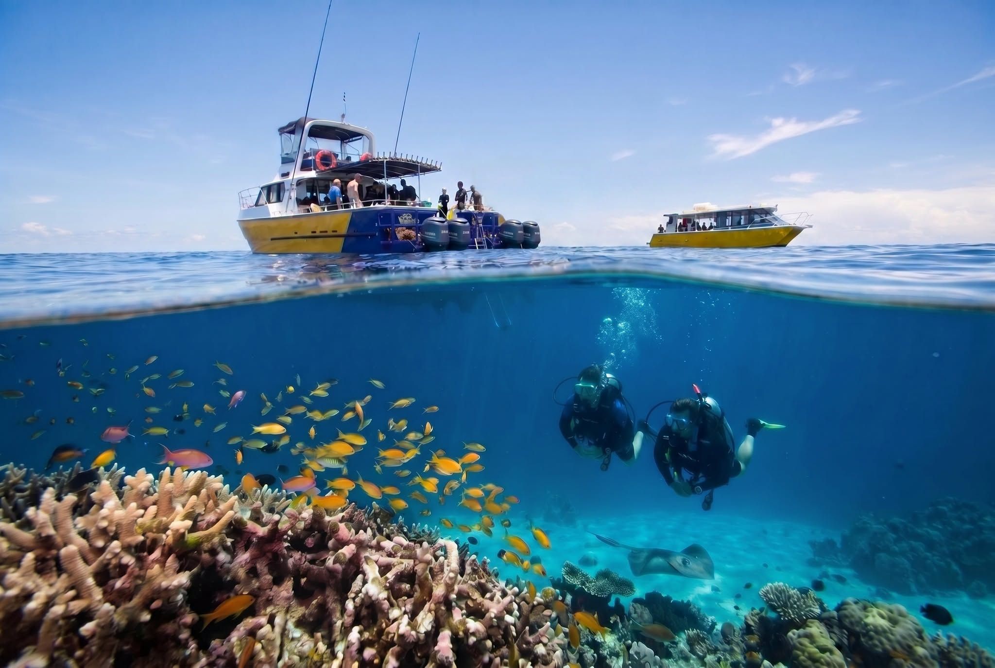 Split shot showing dive boats above and divers with tropical fish below.
